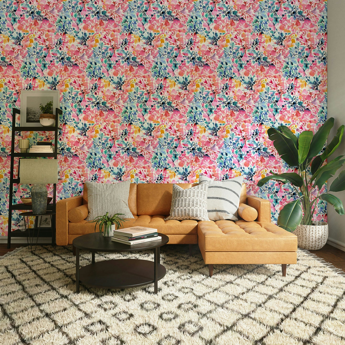 Colorful botanical wallpaper with watercolor texture


