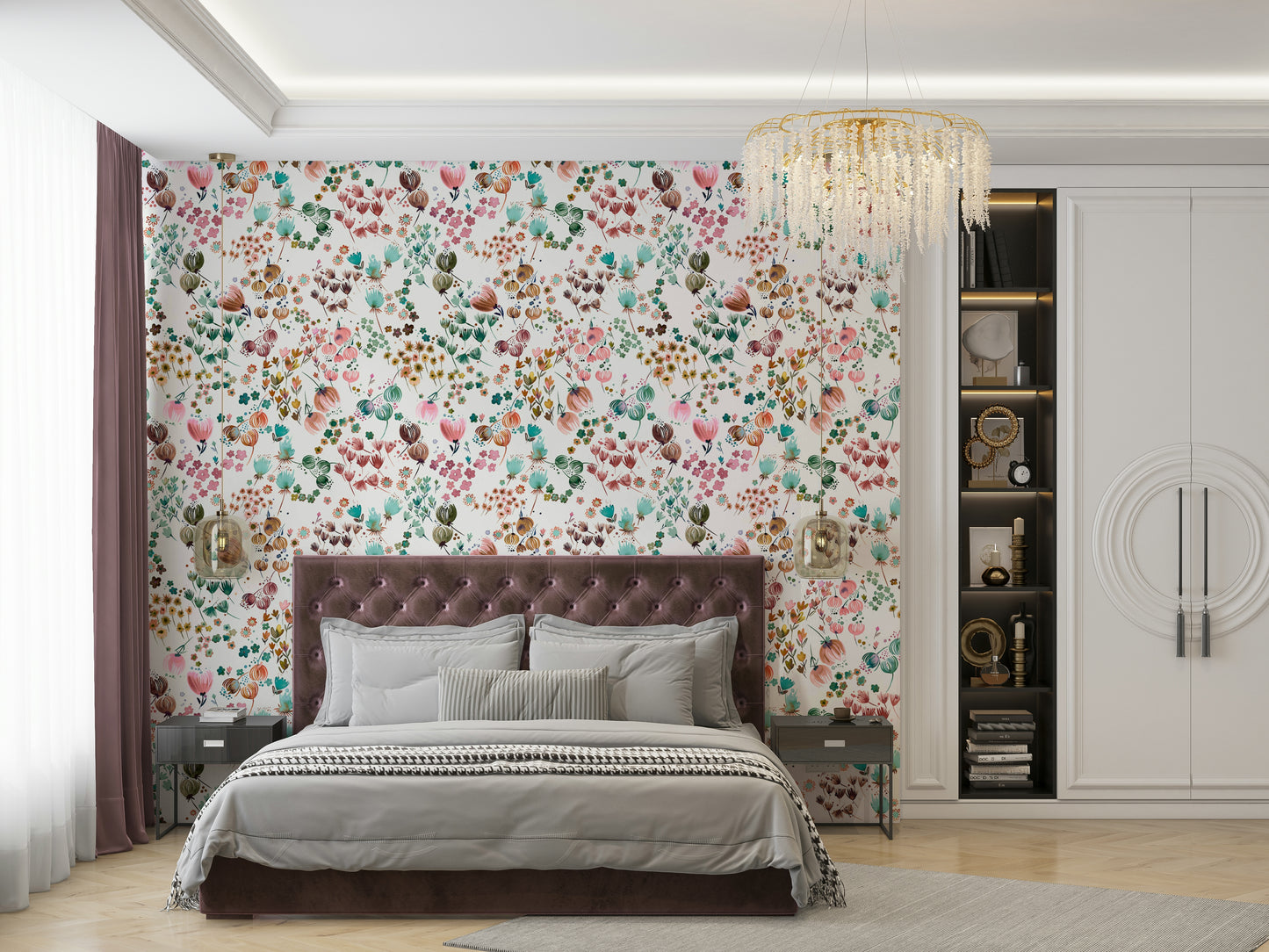 Nature-inspired watercolor floral wallpaper in fresh green and orange.

