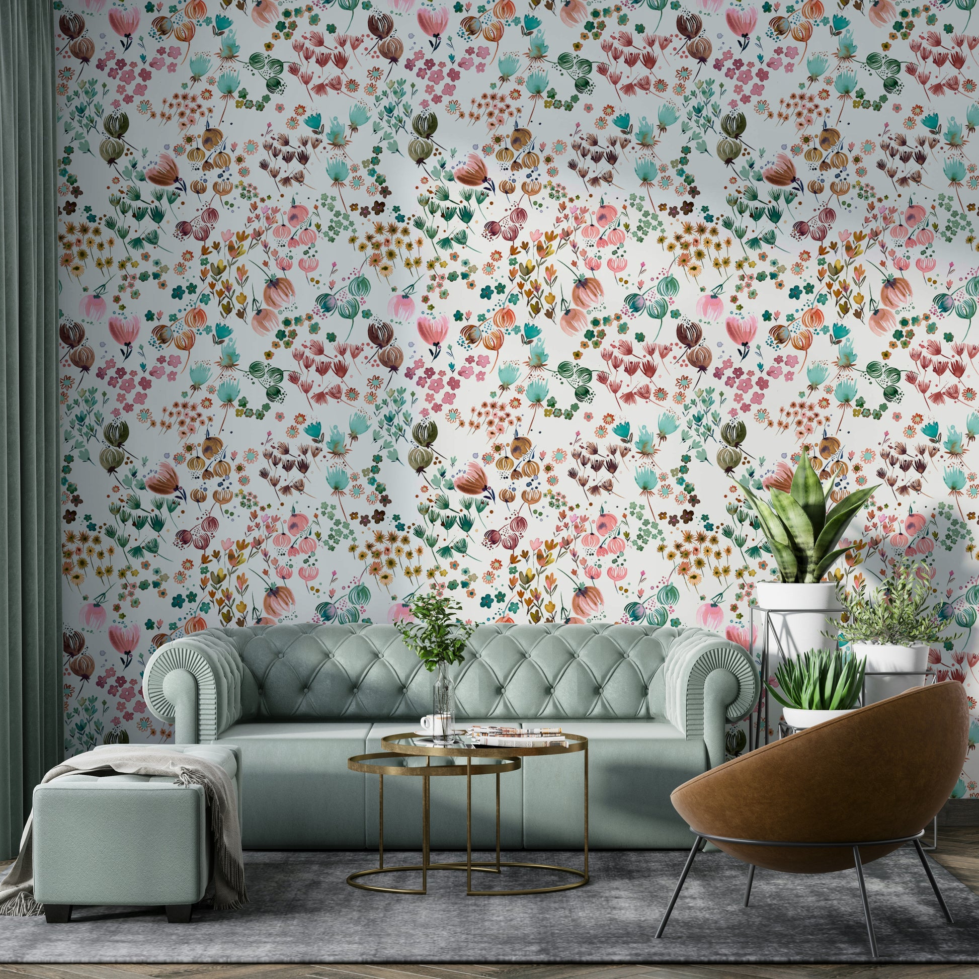 Wallpaper with watercolor flower buds in vibrant orange and green.

