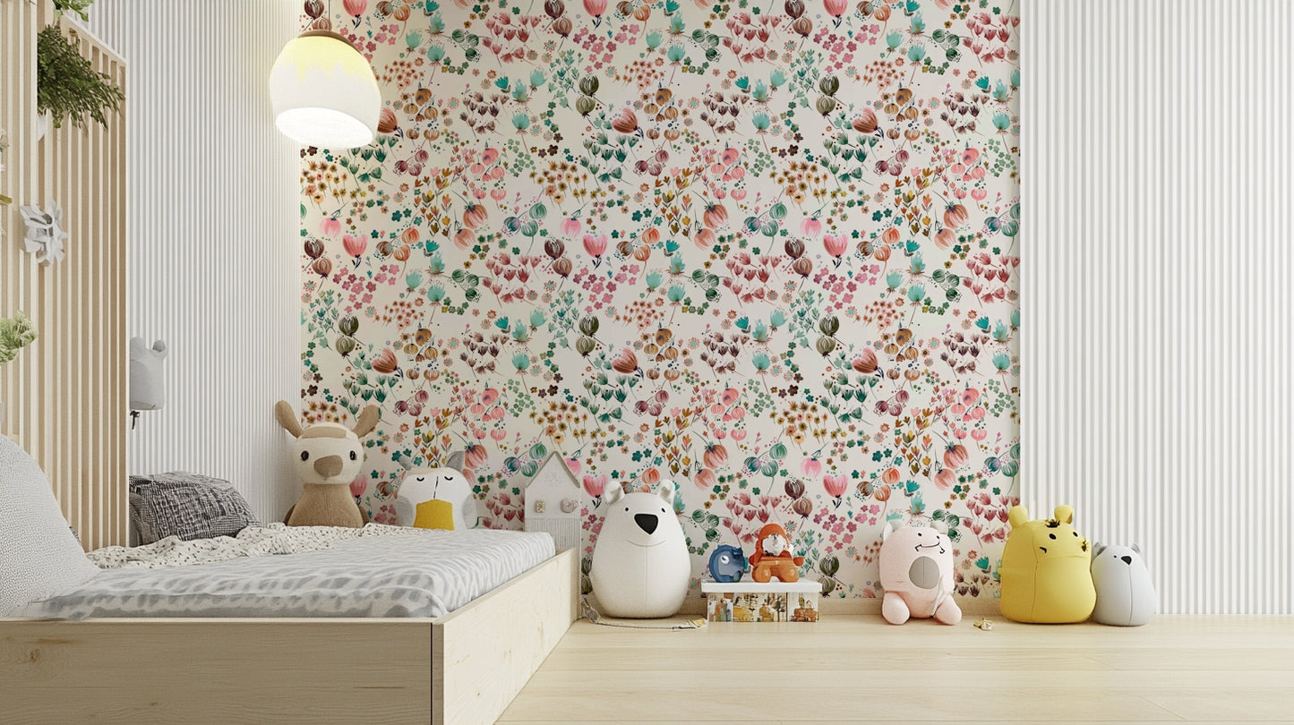 Watercolor flower design in bright orange and soft green hues.

