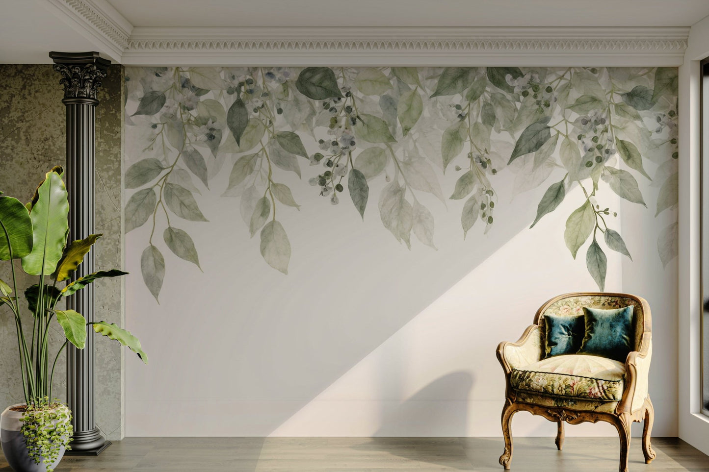 A wall mural of a peaceful botanical pattern.

