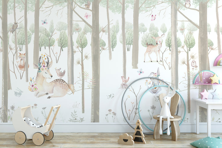 Painted forest animals, watercolor mural design