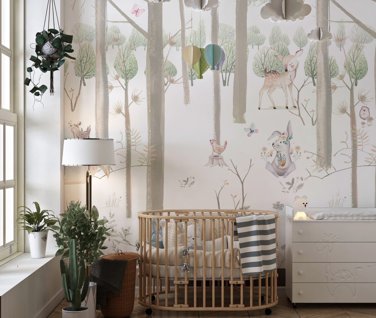 Painted animals forest mural, kids decor