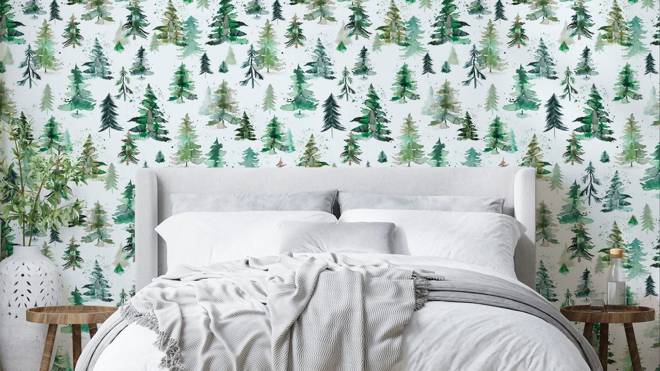 Watercolor Forest Trees Spruces Wallpaper with hand-painted trees.

