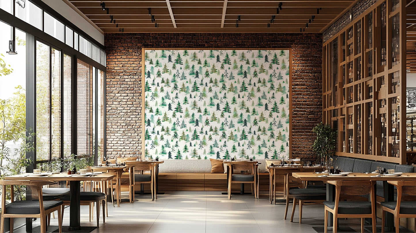 Serene forest wallpaper with watercolor spruces and light blending.

