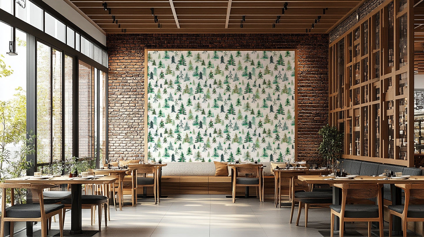 Serene forest wallpaper with watercolor spruces and light blending.

