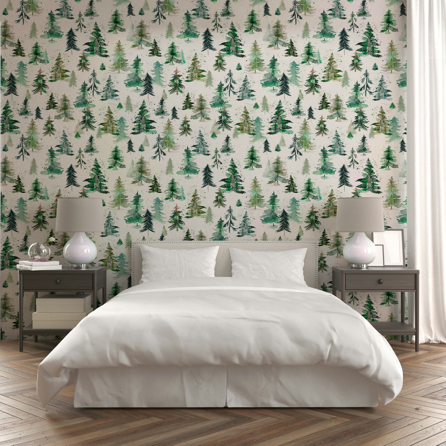 Nature-inspired mural with watercolor forest trees in earthy tones.

