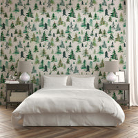 Nature-inspired mural with watercolor forest trees in earthy tones.

