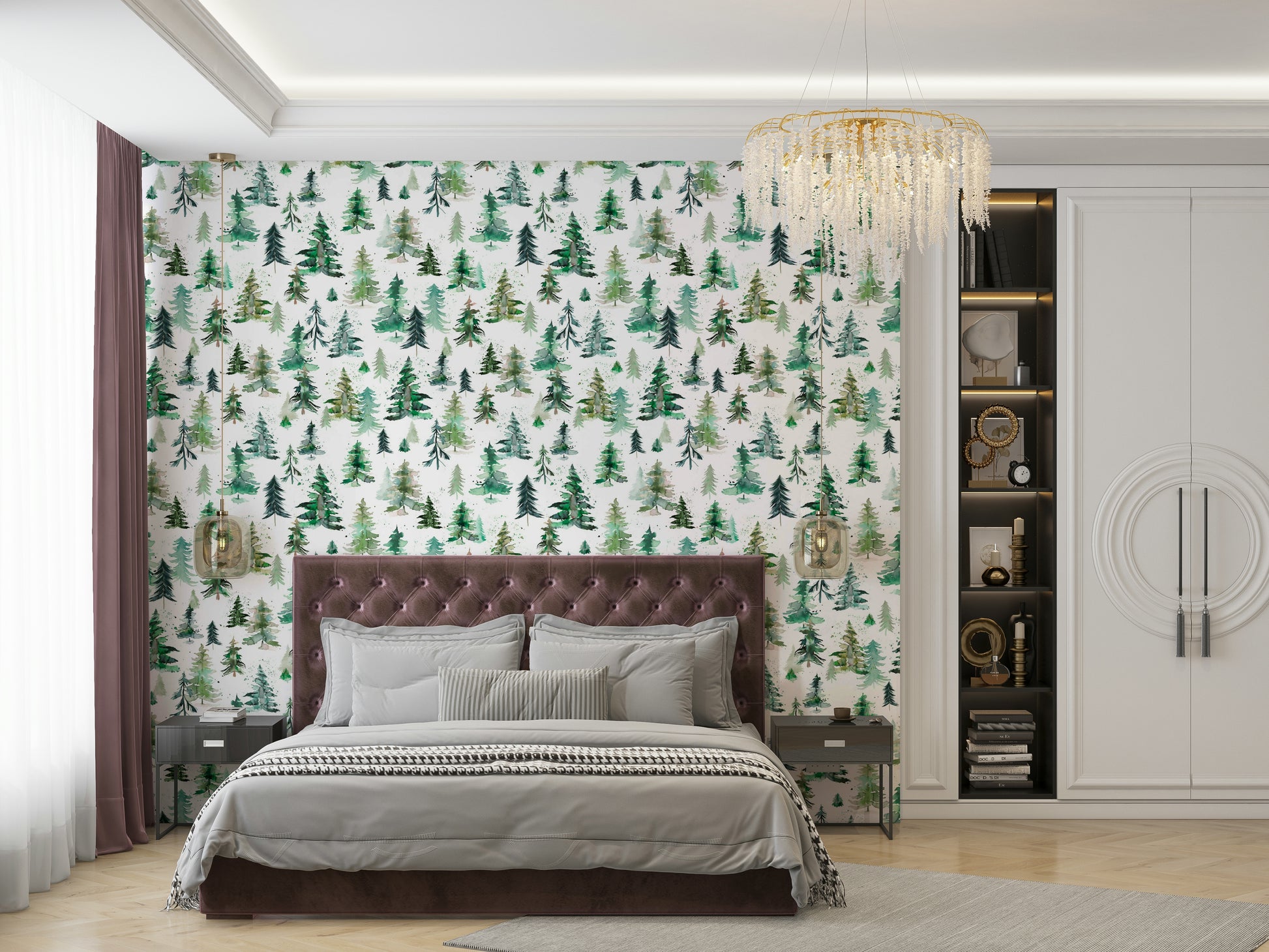 Soft green and brown watercolor spruces create a peaceful forest scene.

