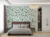 Soft green and brown watercolor spruces create a peaceful forest scene.

