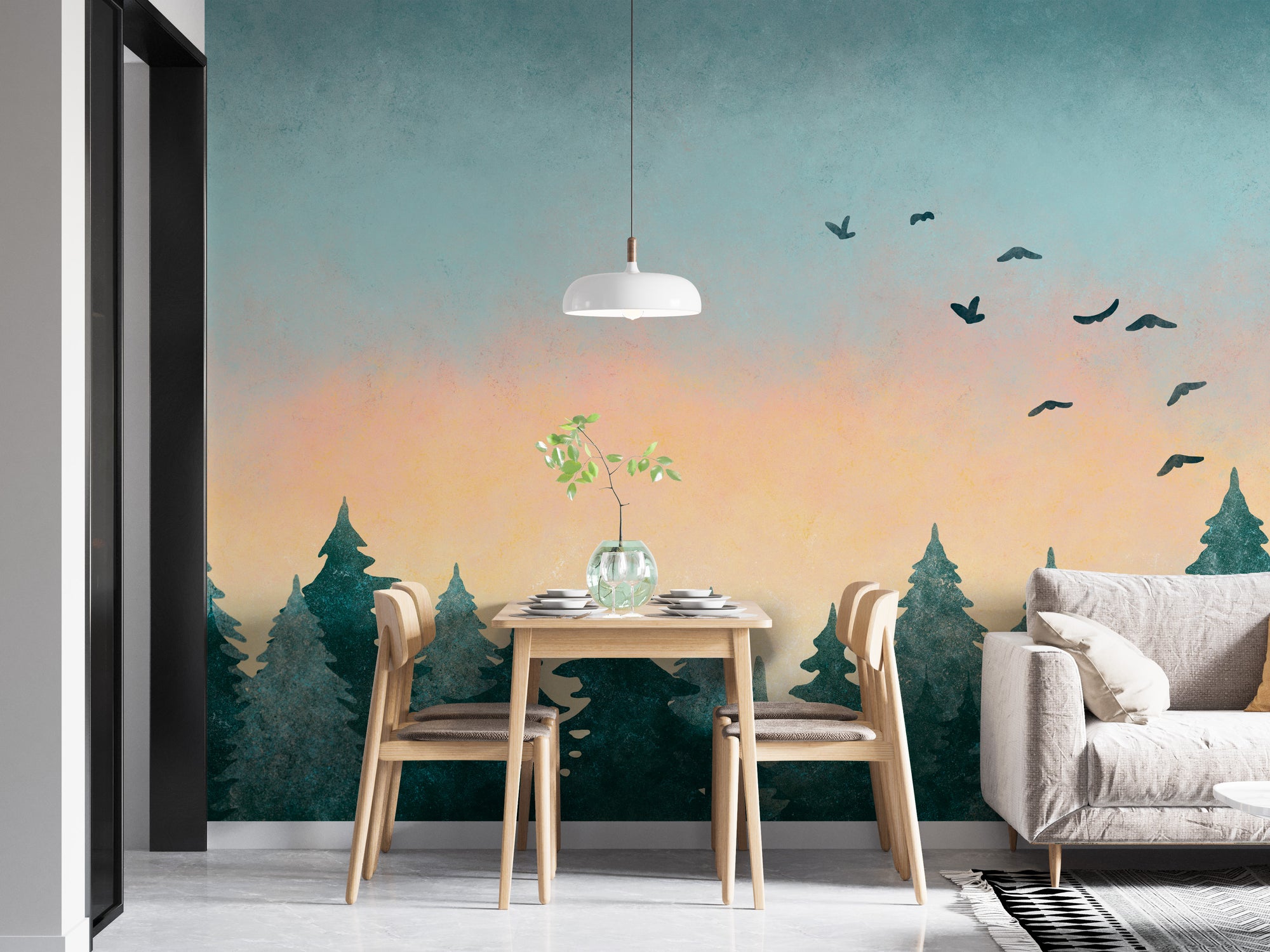 Watercolor Green Tree Forest wallpaper mural shown as a full feature wall that highlights the design