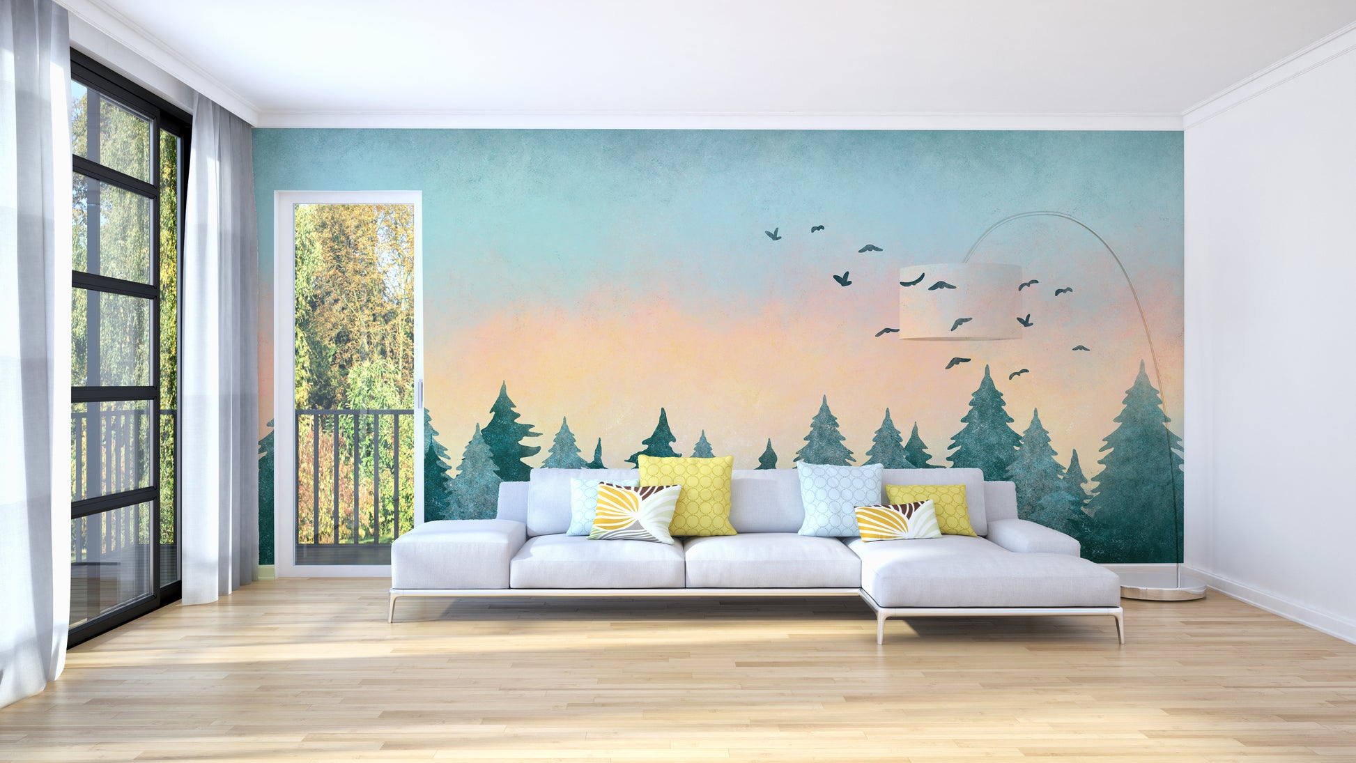 Watercolor Green Tree Forest Wallpaper Mural