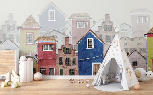 Colorful watercolor houses mural wallpaper for living rooms