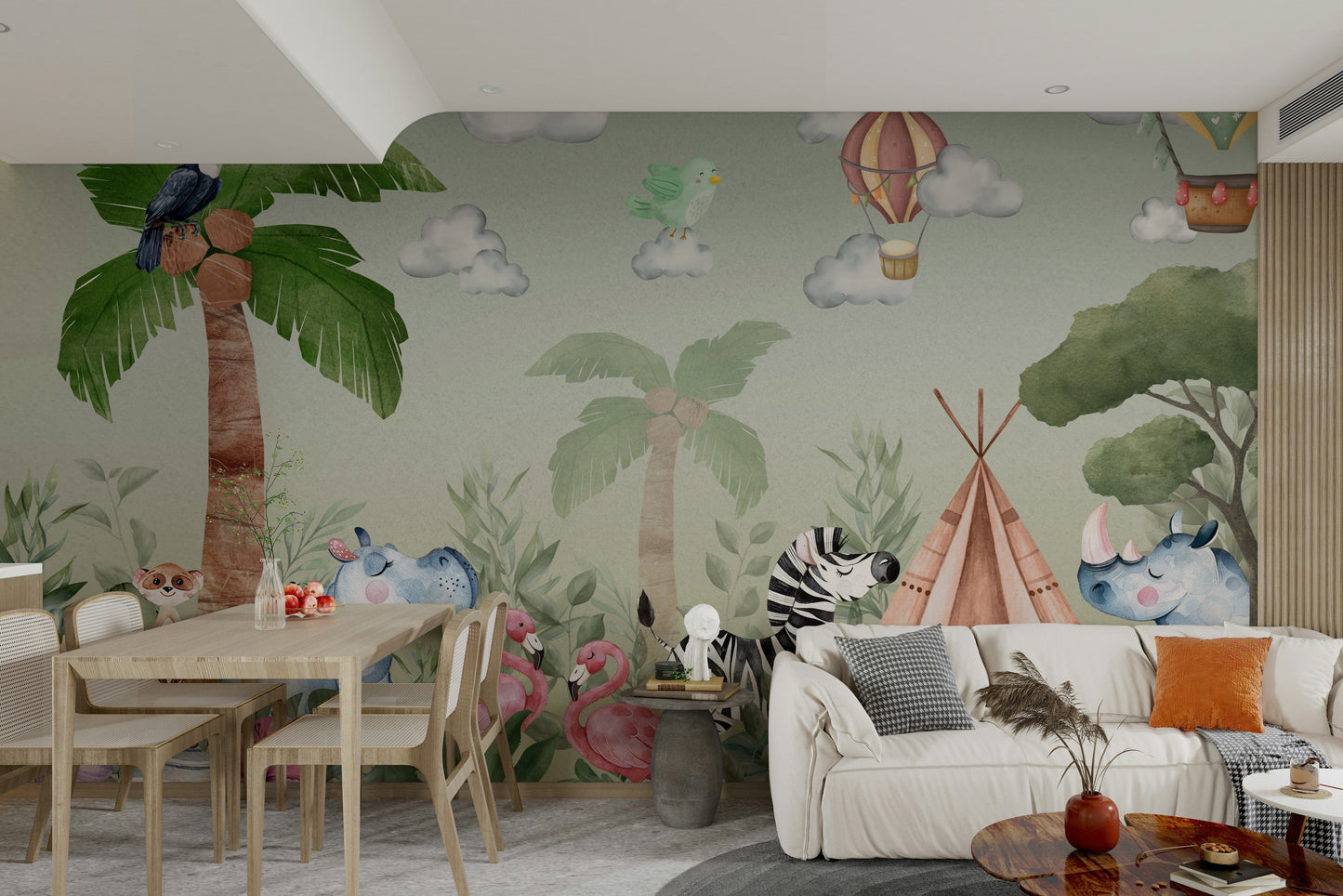 The design features a repeating pattern of soft, lush leaves and subtle animal shapes.

