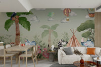The design features a repeating pattern of soft, lush leaves and subtle animal shapes.

