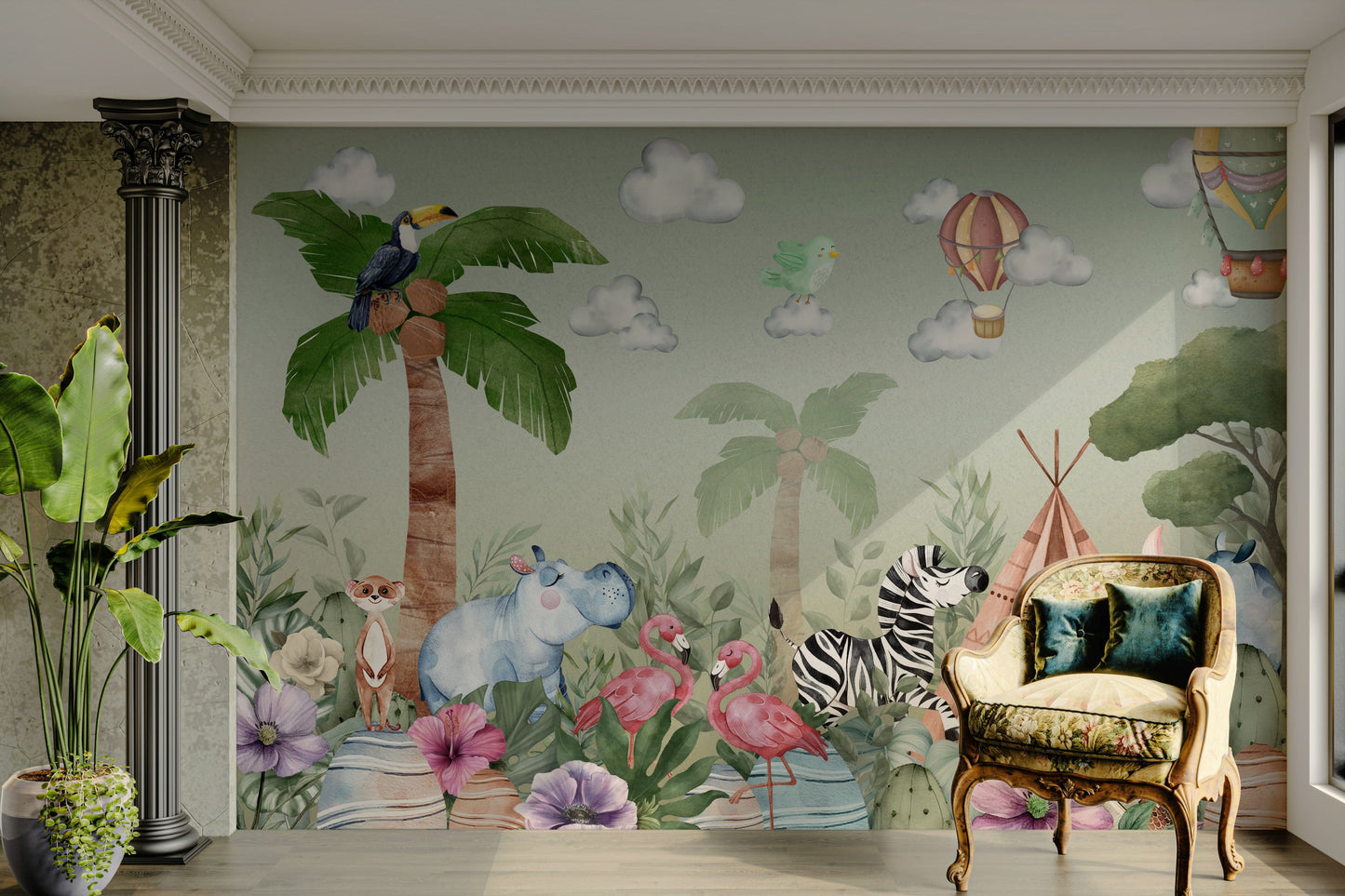 A peaceful wall mural with an organic, botanical design.

