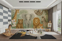Baby animal mural in leafy tropical setting

