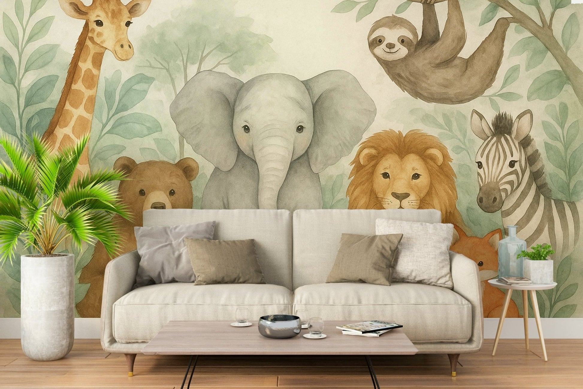 Elephant, giraffe, lion in watercolor wall mural

