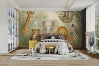 Jungle friends mural in soft pastel tones

