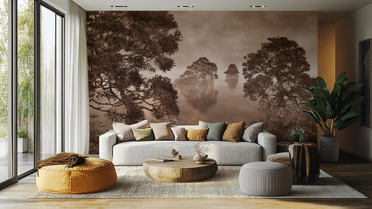 Watercolor Lake Monochrome Ink Sepia wallpaper mural of misty trees over water behind a white sofa and orange pouf