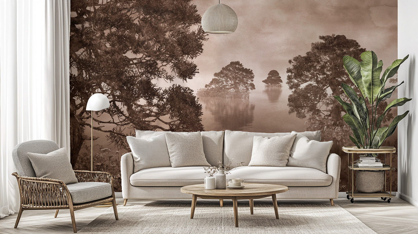 Watercolor Lake Monochrome Ink Sepia Wallpaper Murals - Giffywalls