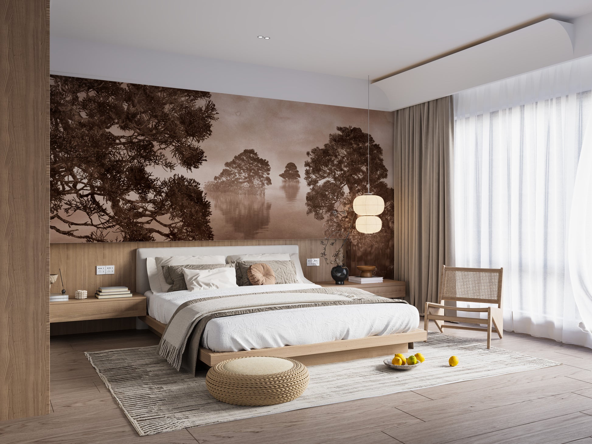 Watercolor lake sepia ink mural wallpaper for a cozy, tranquil setting.