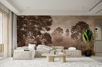 Elegant watercolor lake monochrome sepia wallpaper for timeless decor.