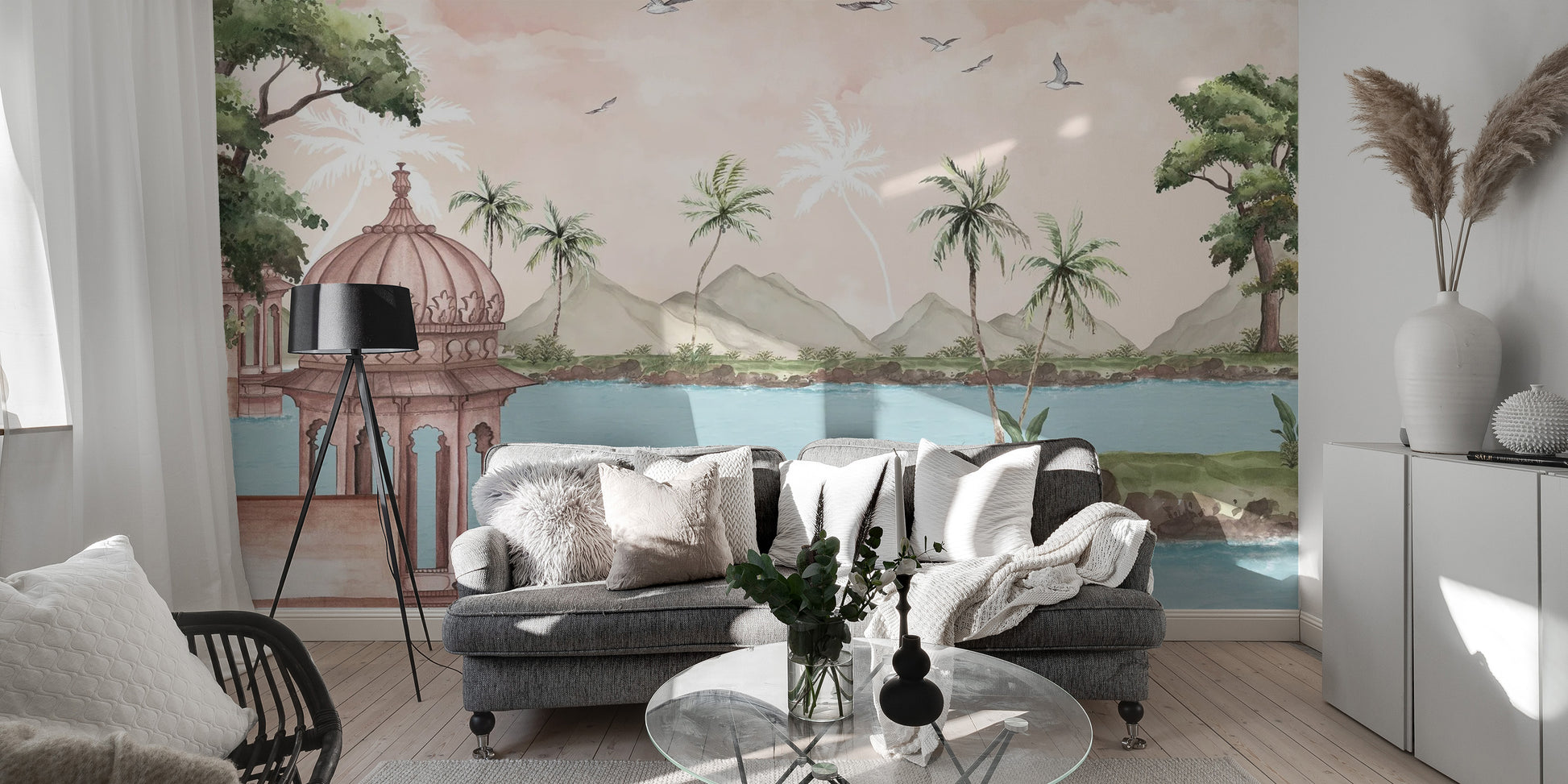 Watercolour Lakeside View Wall Mural for calm spaces
