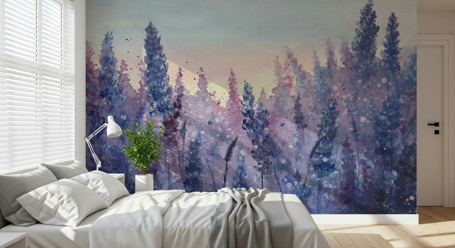 A graceful subtle bloom wall mural in soft, purple tones.

