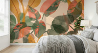 A beautiful modern art wall mural of painted leaves.