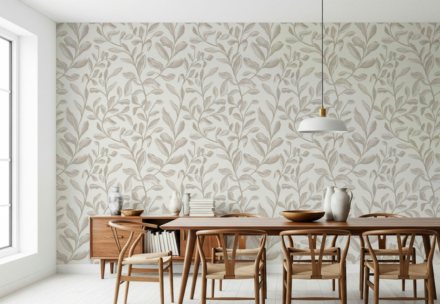 Soft neutral Watercolor Leaves removable wallpaper mural art.