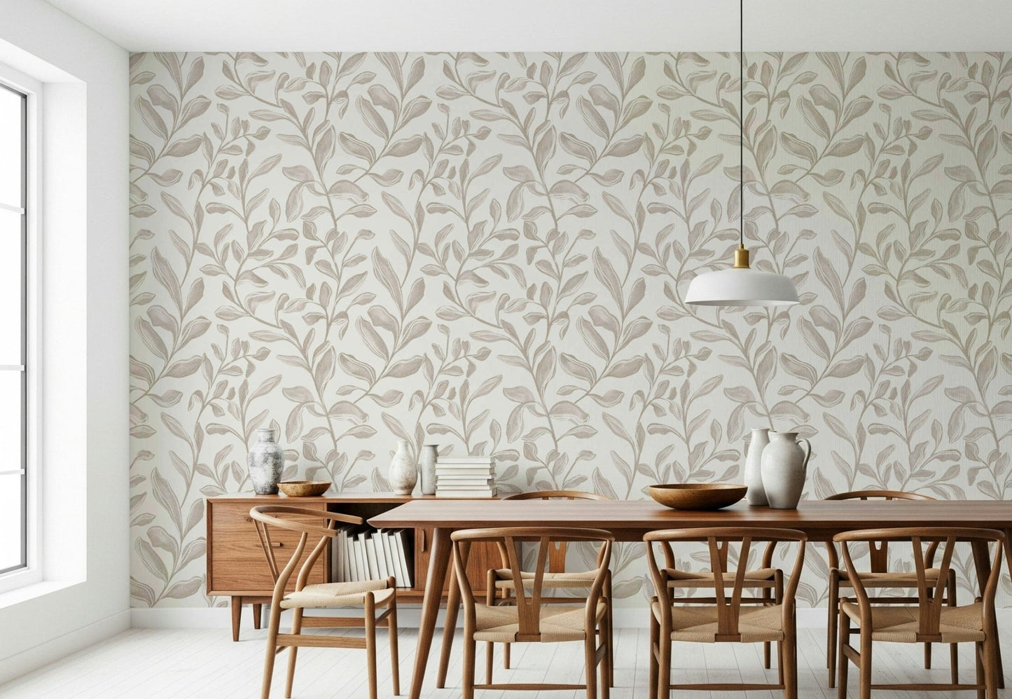 Soft neutral Watercolor Leaves removable wallpaper mural art.