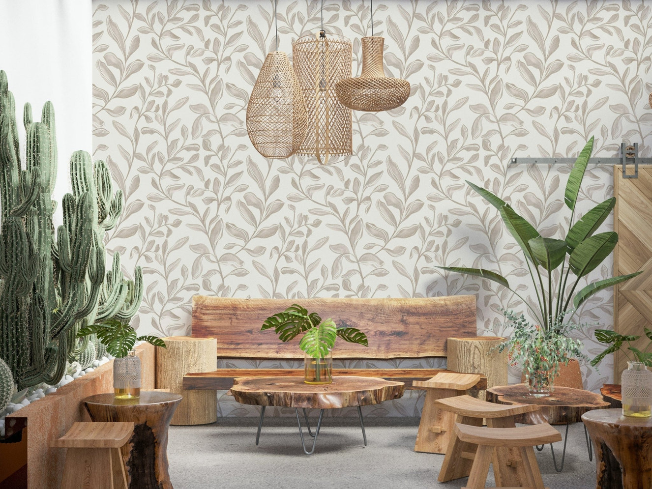 Watercolor Leaves botanical wallpaper for walls in beige.