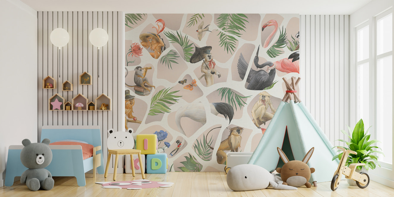 Watercolor pink monkey and birds mural for serene interiors.
