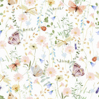 Soft, rustic wallpaper for walls texture with floating insects and lovely spring blossoms pattern.