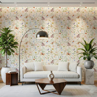 Wallpaper pattern: dainty painted dragonflies, ladybugs, and blush-toned springtime flowers.