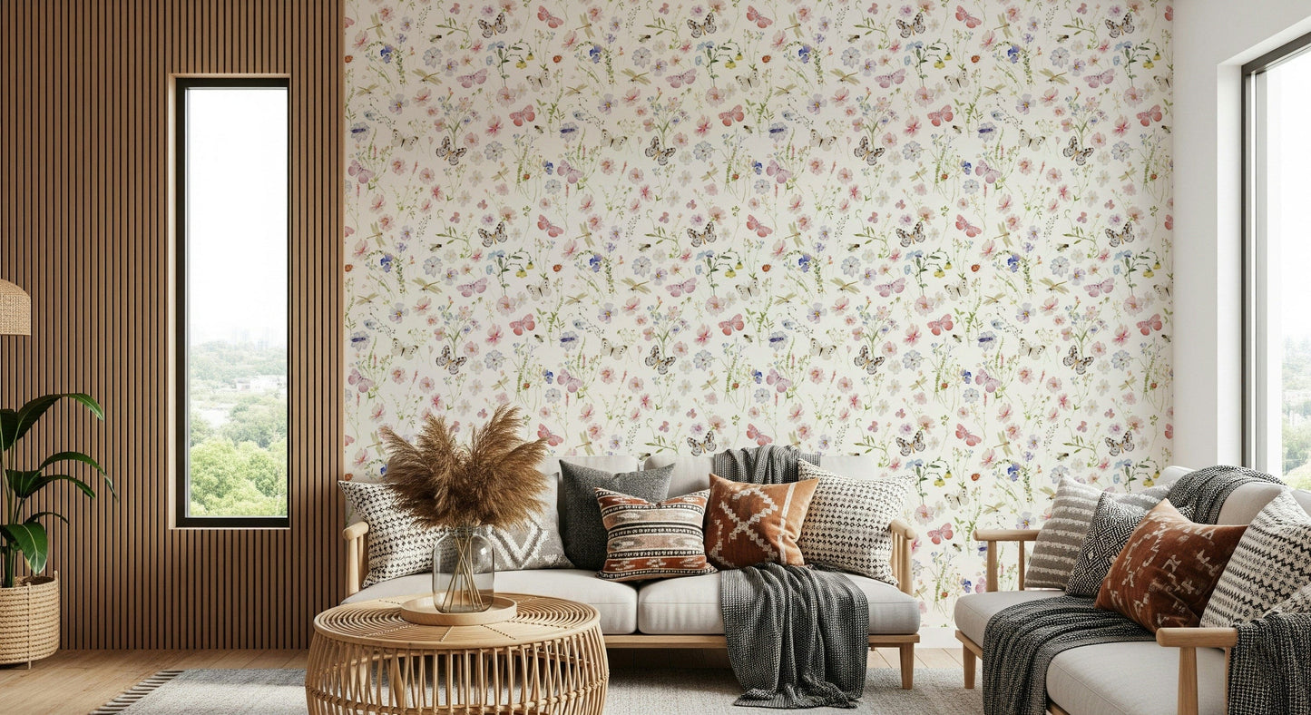 Whimsical watercolor wallpaper featuring blossoms, dragonflies, ladybugs, and bees.