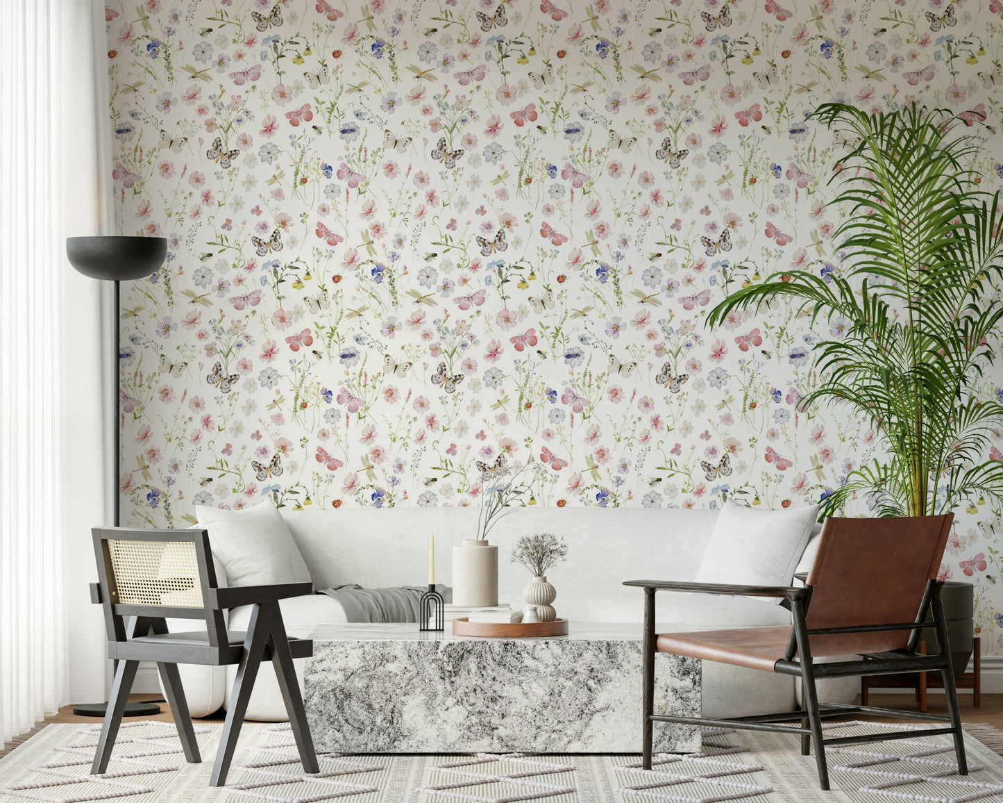 Delicate spring-themed wallpaper, a cheerful meadow full of pink and blue wild blooms.
