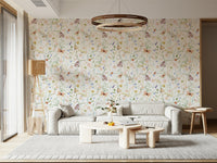 Whimsical wall mural capturing a vibrant meadow scene with delicate, sweet, painted creatures.
