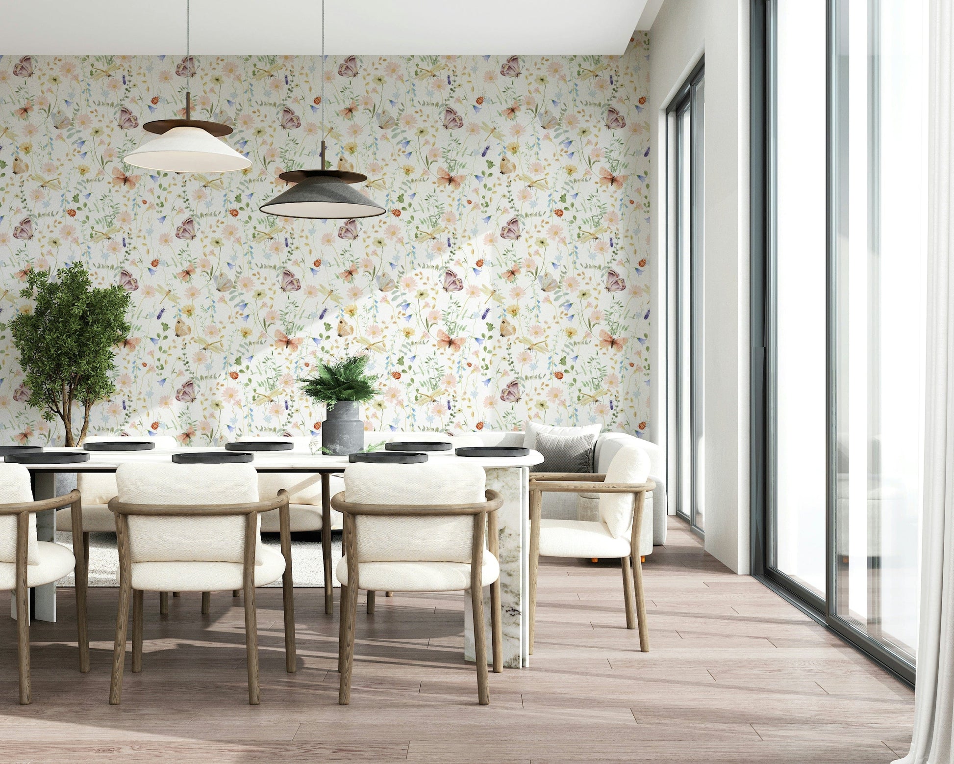 Charming Meadow Dreams wallpaper, a lovely pattern with painted florals and garden insects.