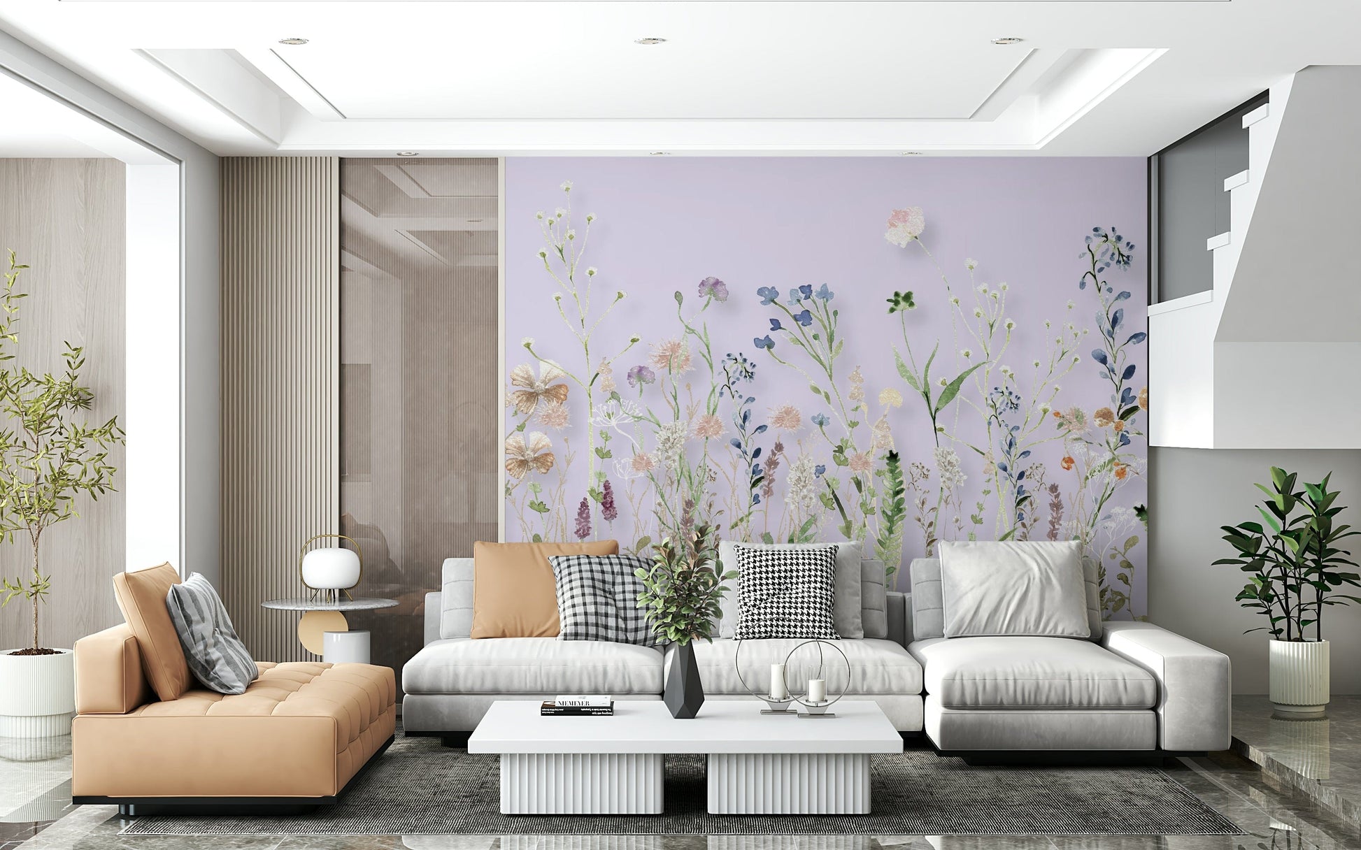 A whimsical wallpaper depicting watercolor wildflowers in soft pink, blue, and peach tones.