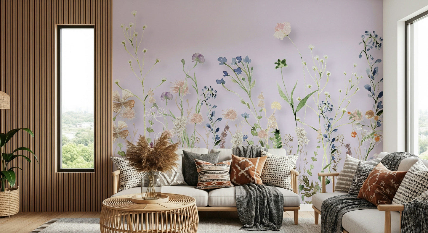 A botanical wallpaper with delicate wildflowers painted in pastel tones against a calm sage backdrop.