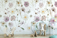 The mural shows a hand-painted floral scene with insects.

