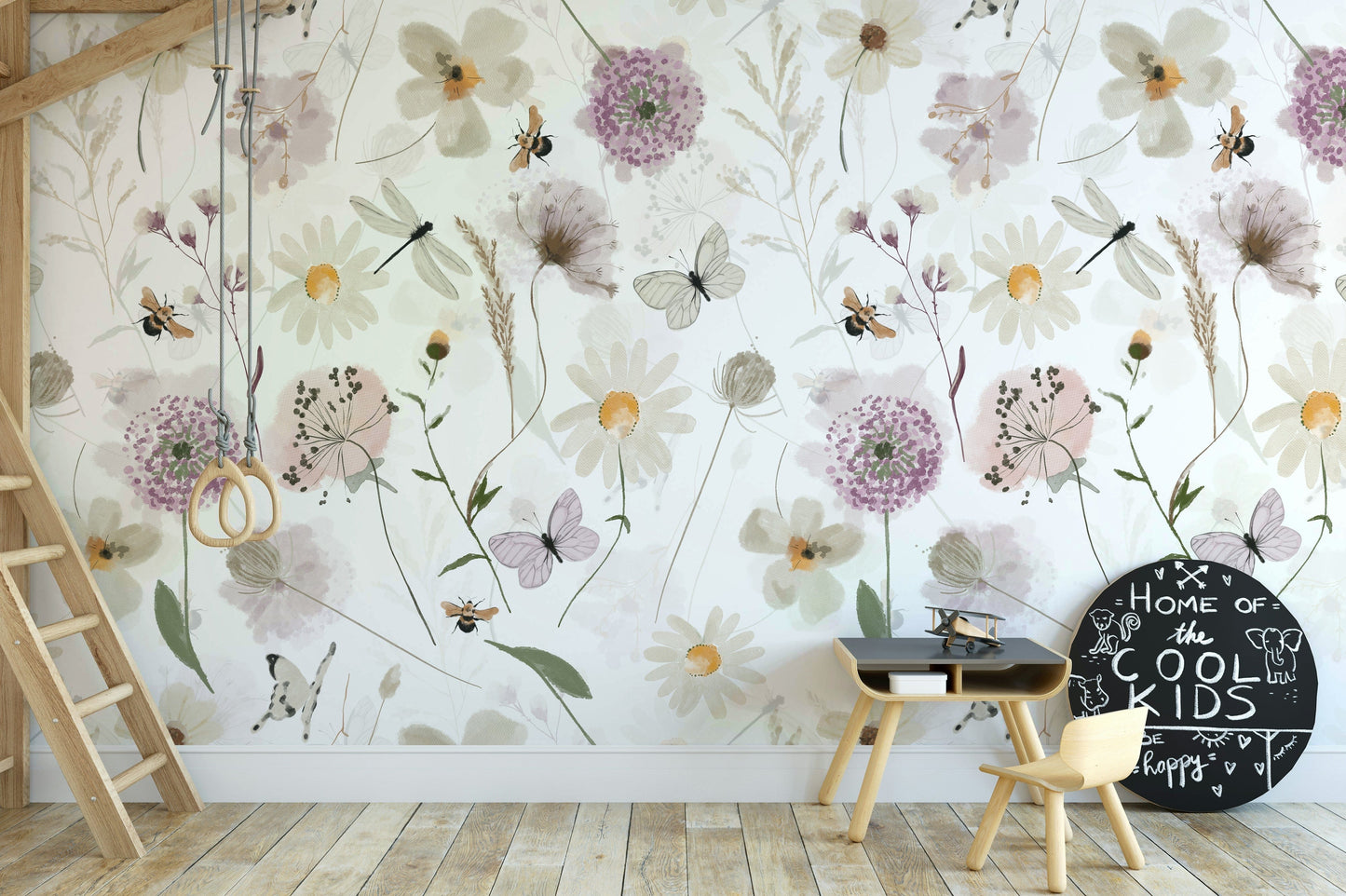 Wall mural with a watercolor wildflower meadow.

