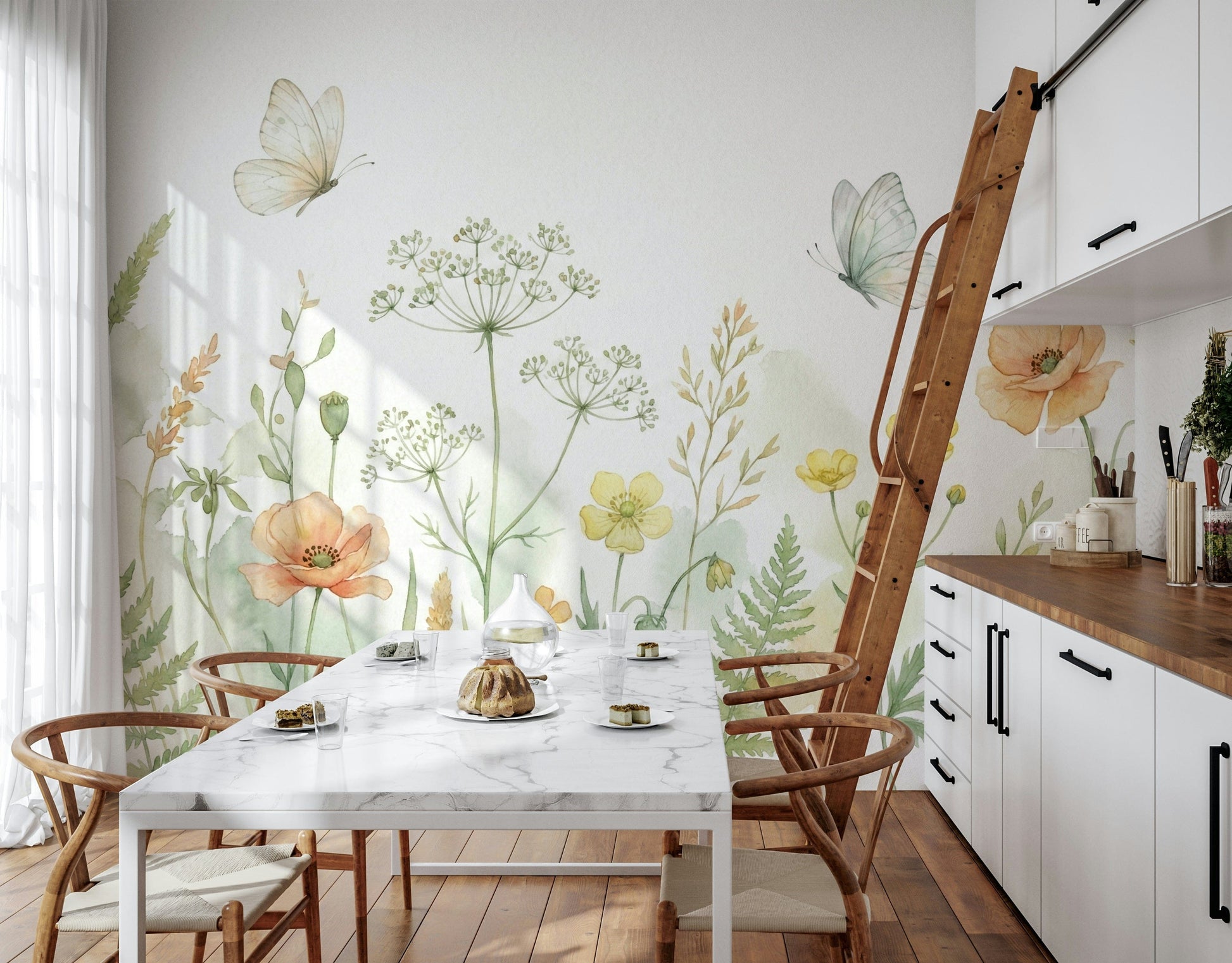 Muted green and taupe botanical mural for a classic home décor look.