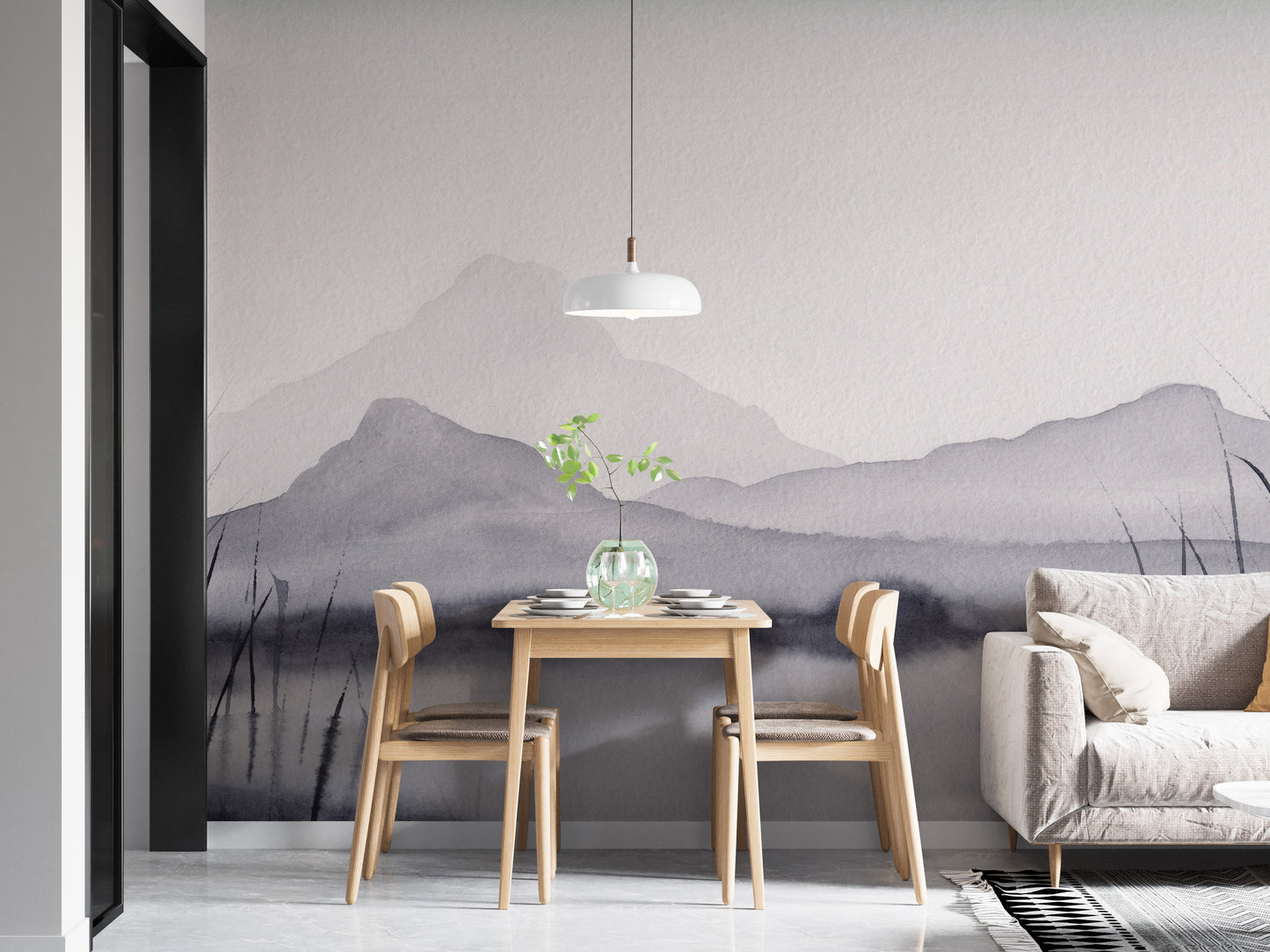 Monochrome mountain scene wallpaper with watercolor effect.