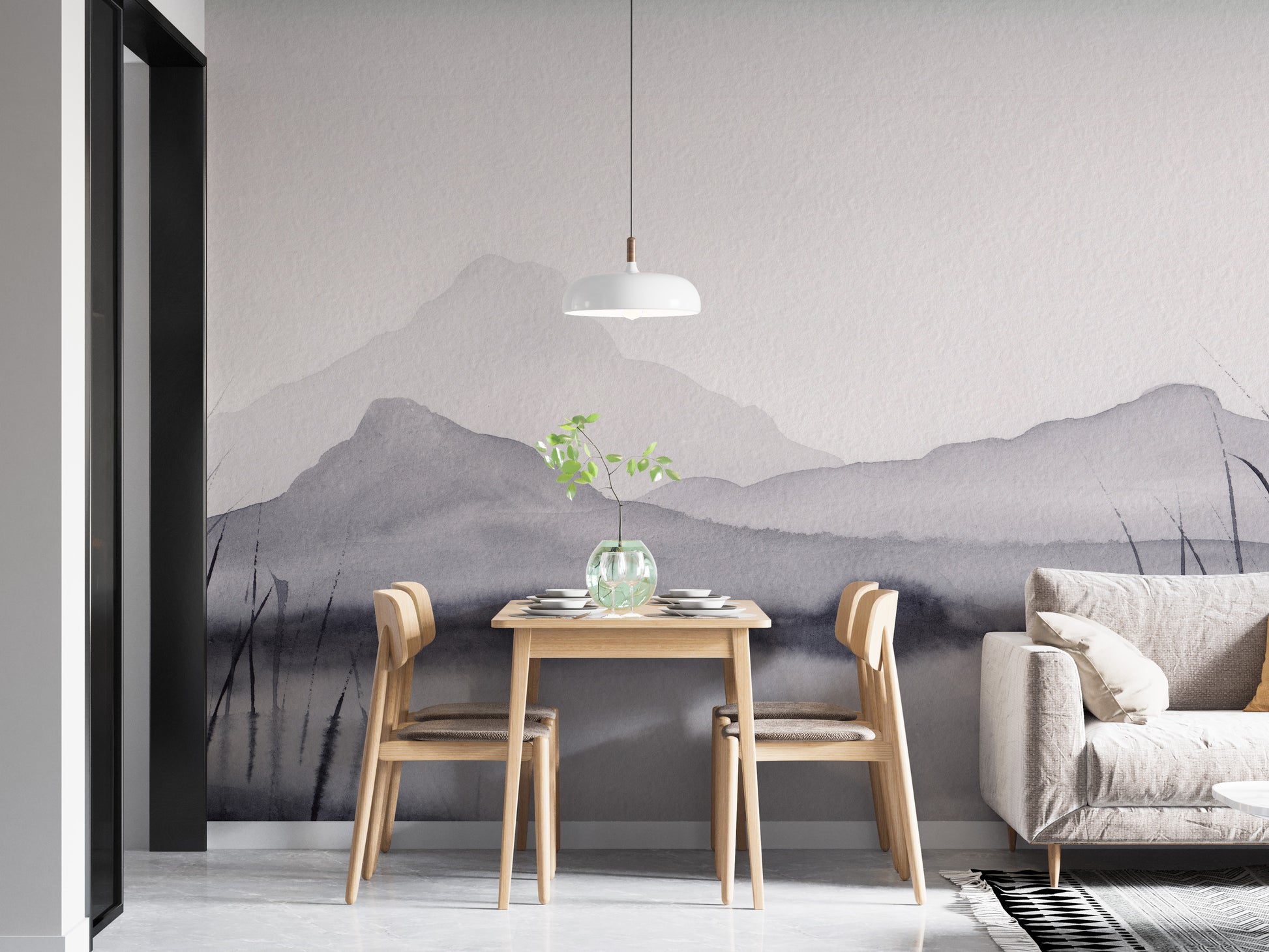 Monochrome mountain scene wallpaper with watercolor effect.