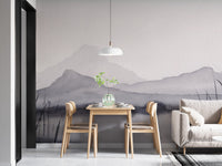 Monochrome mountain scene wallpaper with watercolor effect.