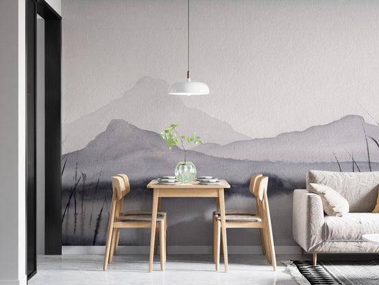 Monochrome mountain scene wallpaper with watercolor effect.