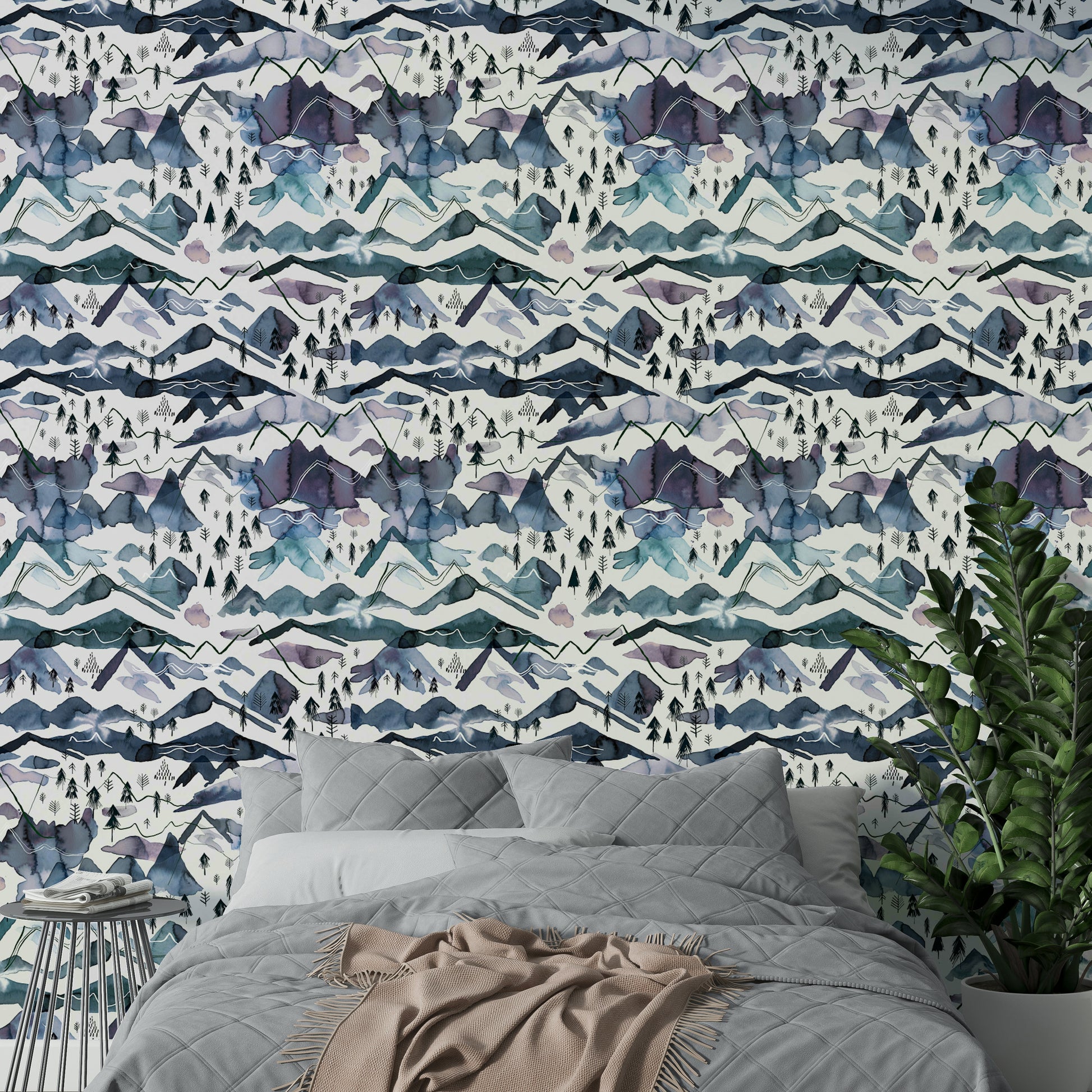 Wallpaper featuring gentle watercolor peaks in calming tones.

